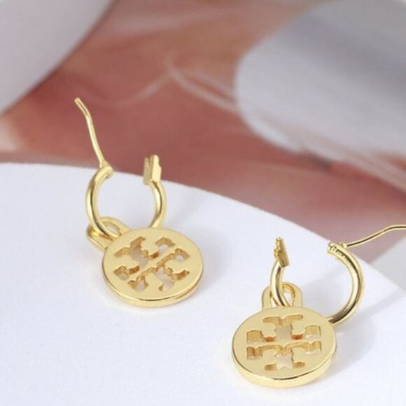 Tory Burch Gold Logo Circle Drop Hoop Earrings - Picture 2 of 5